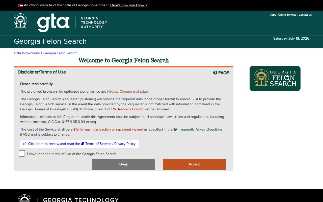 Towns County criminal history Georgia Felon Search interface