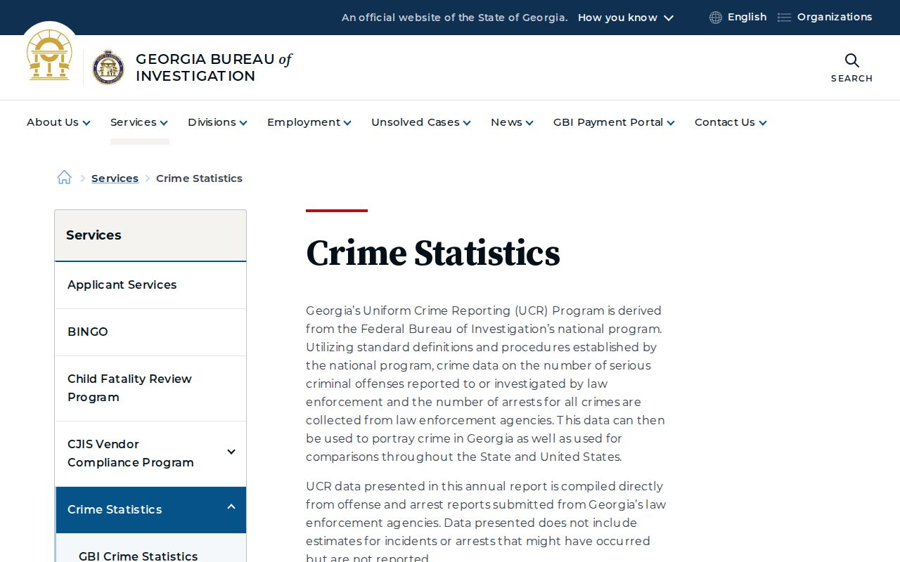 Georgia Bureau of Investigation crime statistics webpage for Hiawassee research