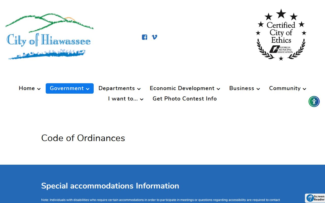 Official Hiawassee ordinances and open records webpage
