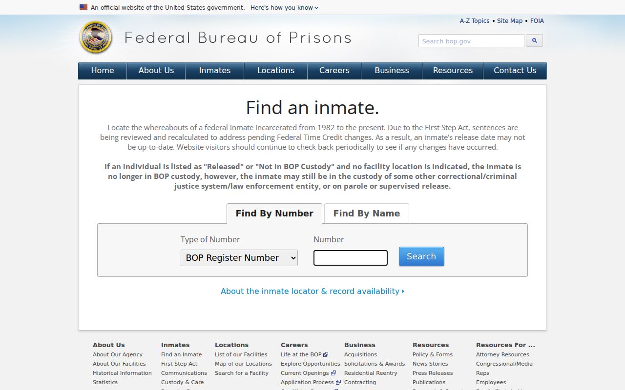 Federal Bureau of Prisons inmate locator for custody after a federal transfer