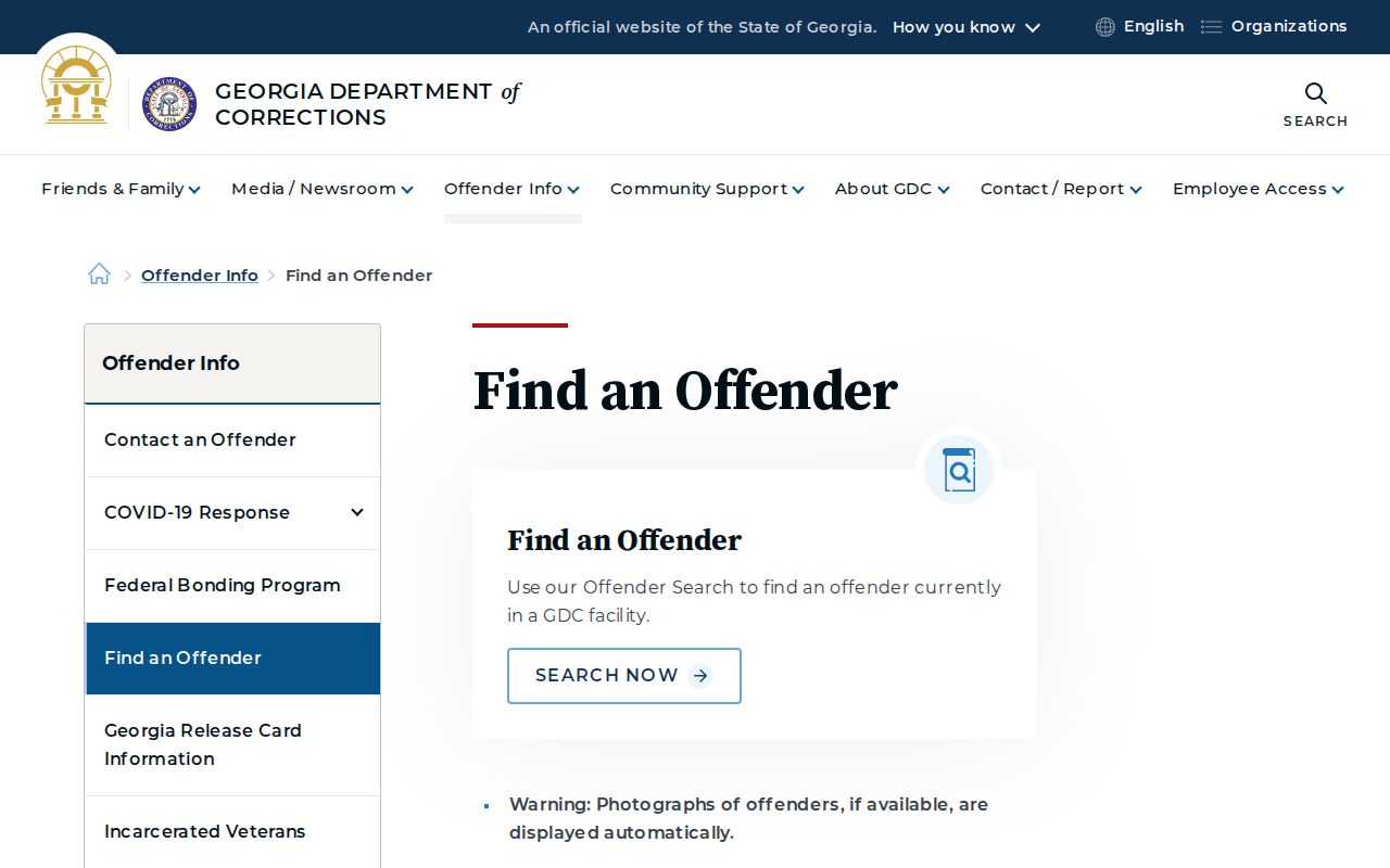 Georgia Department of Corrections Find an Offender search for post-transfer custody