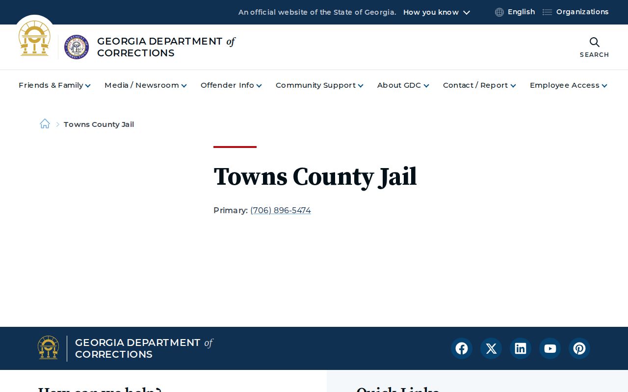 Georgia Department of Corrections directory entry for Towns County Jail