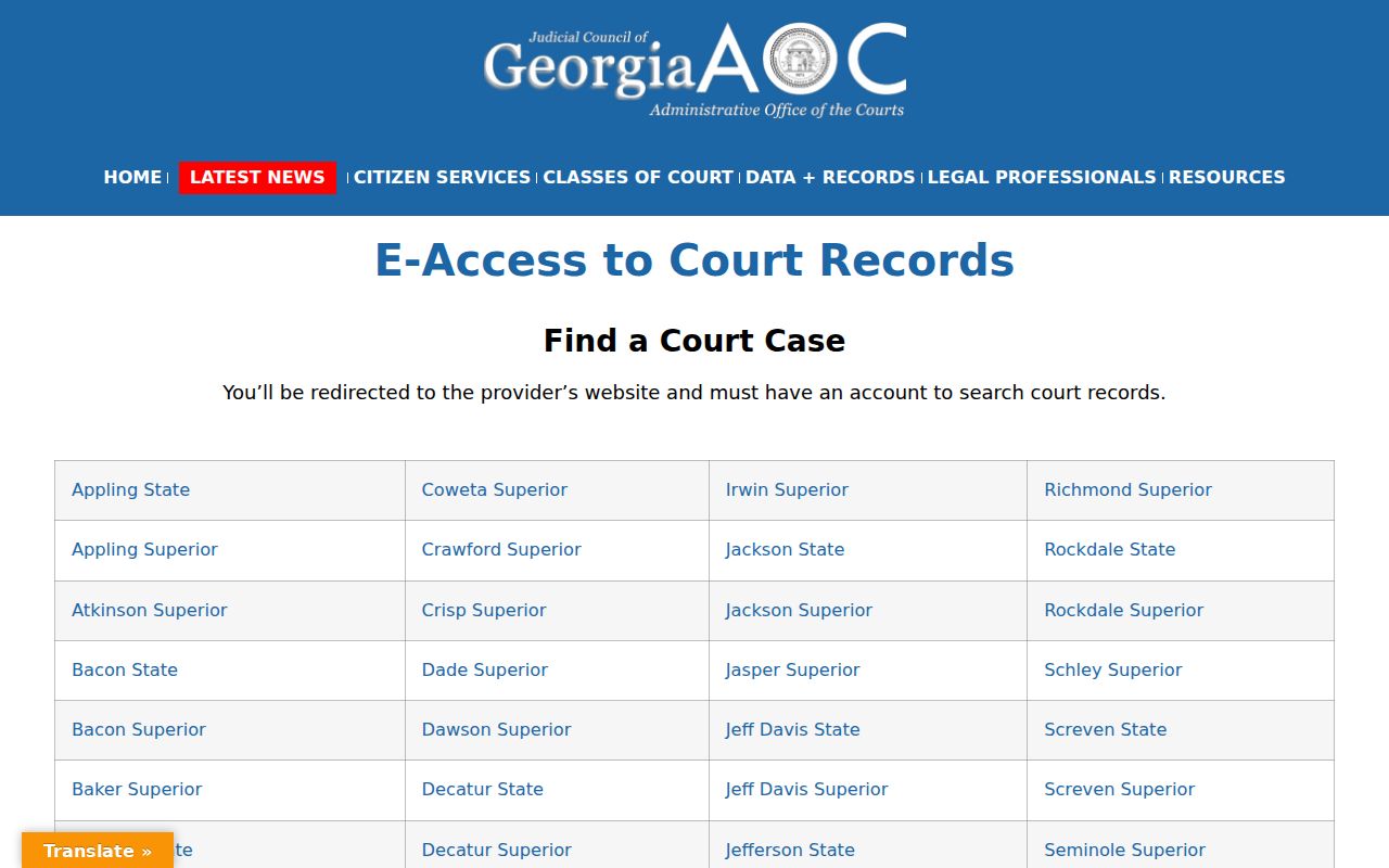Georgia Courts E-Access directory used to check Towns County court availability