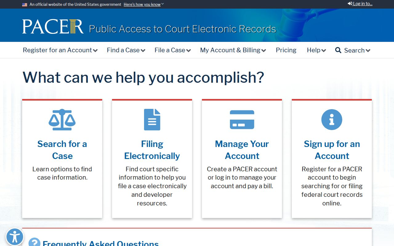 PACER federal court record access page used for Young Harris federal research